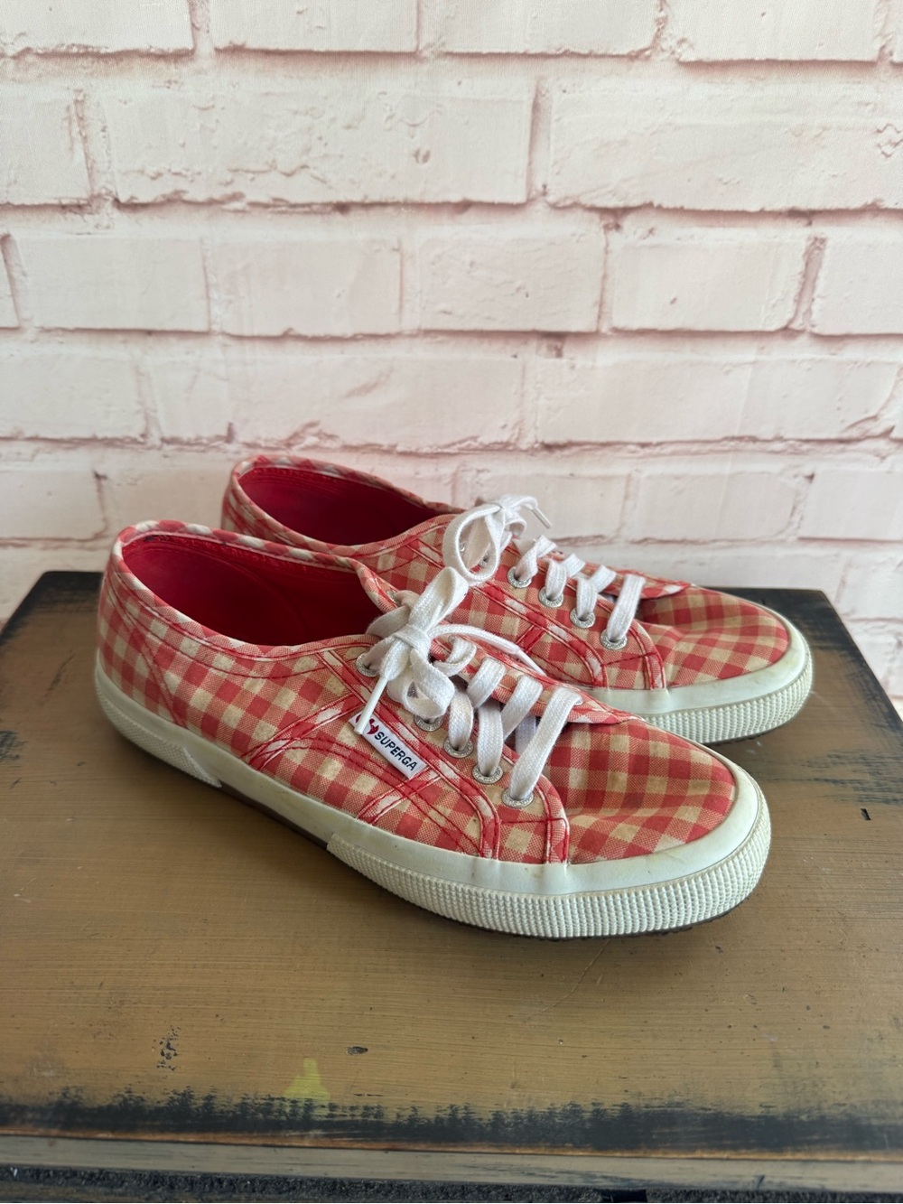 Superga Red and Cream Gingham Canvas Sneakers